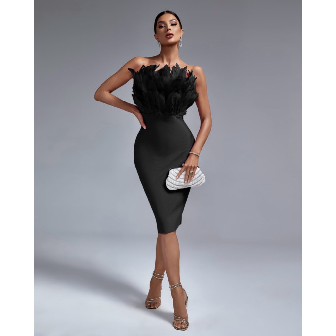 Strapless Feather Midi Bandage Dress