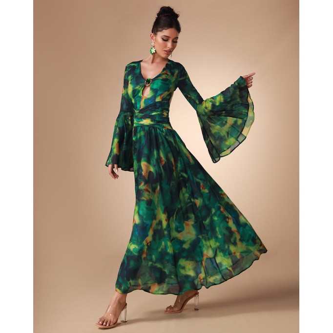 Bell Sleeve Printed Chiffon Maxi Dress