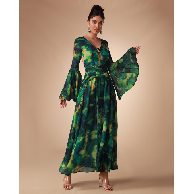 Bell Sleeve Printed Chiffon Maxi Dress