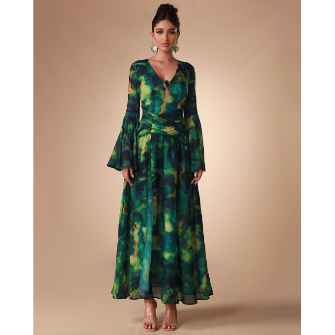 Bell Sleeve Printed Chiffon Maxi Dress