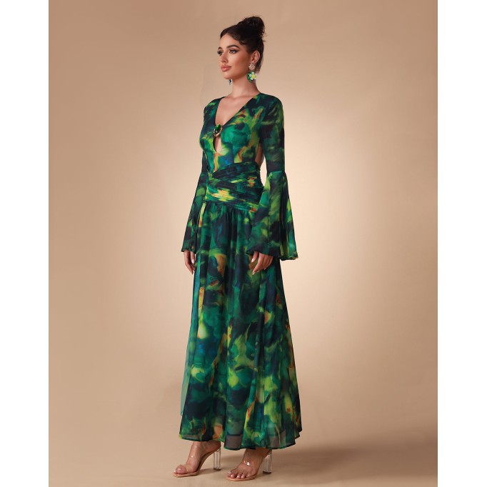 Bell Sleeve Printed Chiffon Maxi Dress