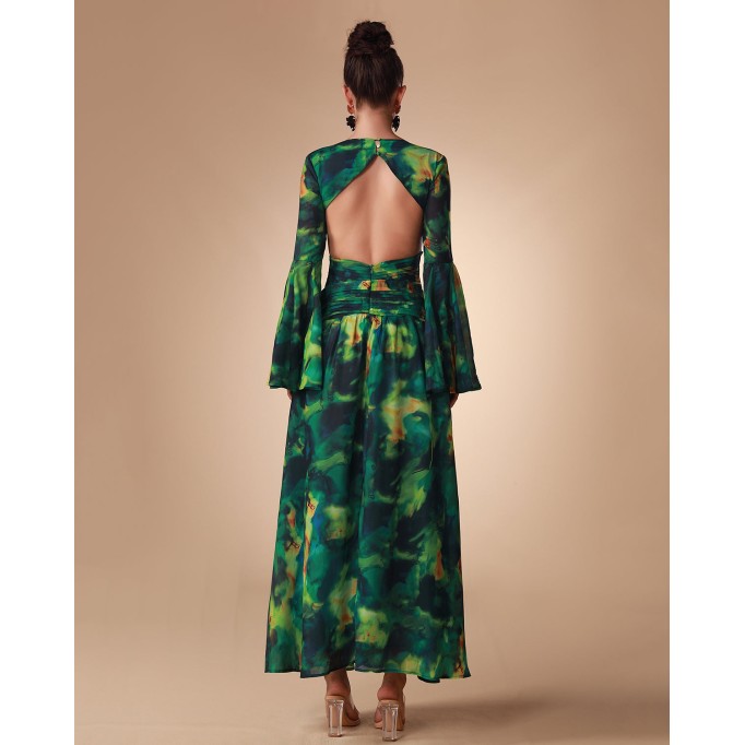 Bell Sleeve Printed Chiffon Maxi Dress