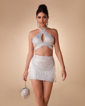 Halter Hollow out Sequin Two Piece Set