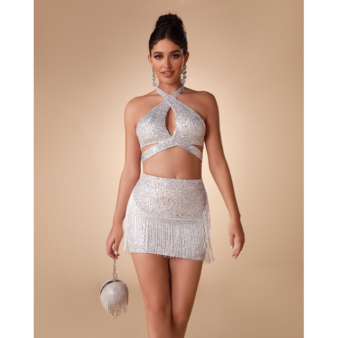 Halter Hollow out Sequin Two Piece Set