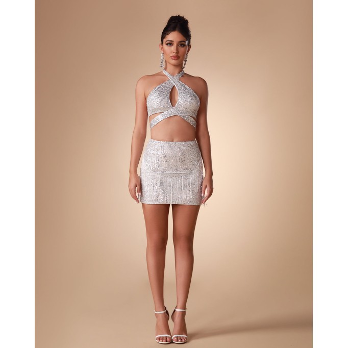 Halter Hollow out Sequin Two Piece Set