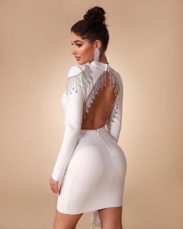 Rhinestone Fringe Backless Bandage Dress