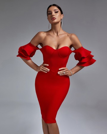 Off Shoulder Waterfall Sleeve Bandage Dress