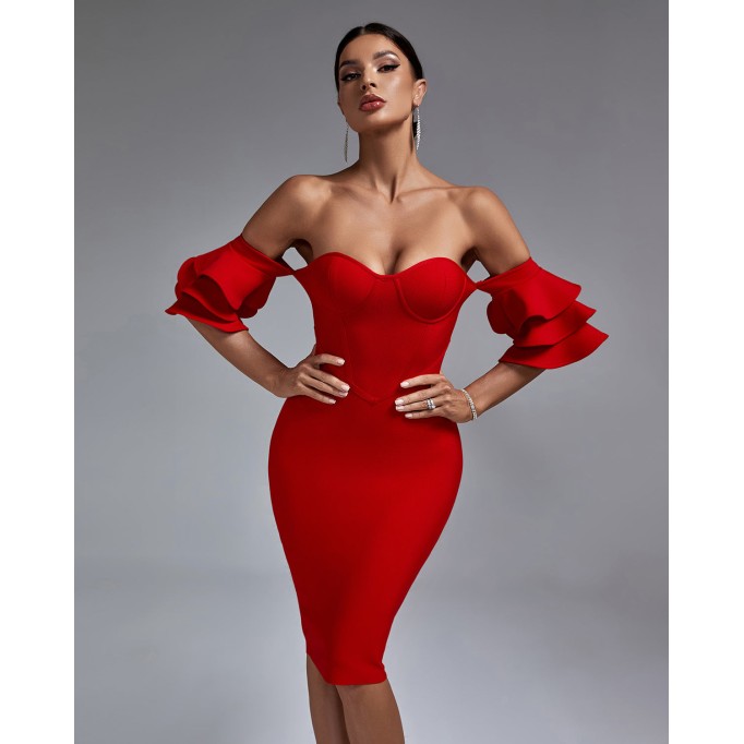 Off Shoulder Waterfall Sleeve Bandage Dress