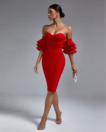 Off Shoulder Waterfall Sleeve Bandage Dress