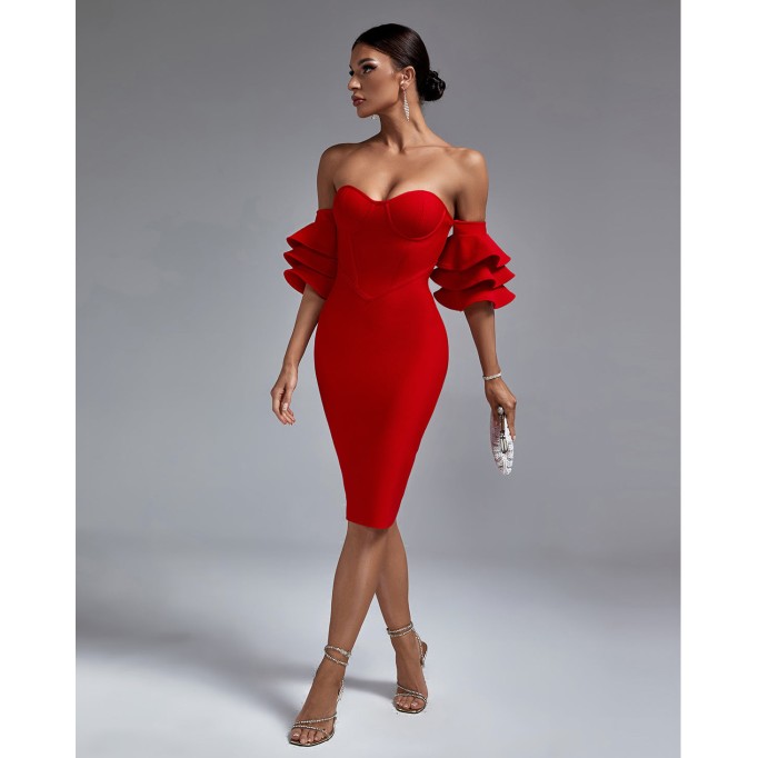 Off Shoulder Waterfall Sleeve Bandage Dress