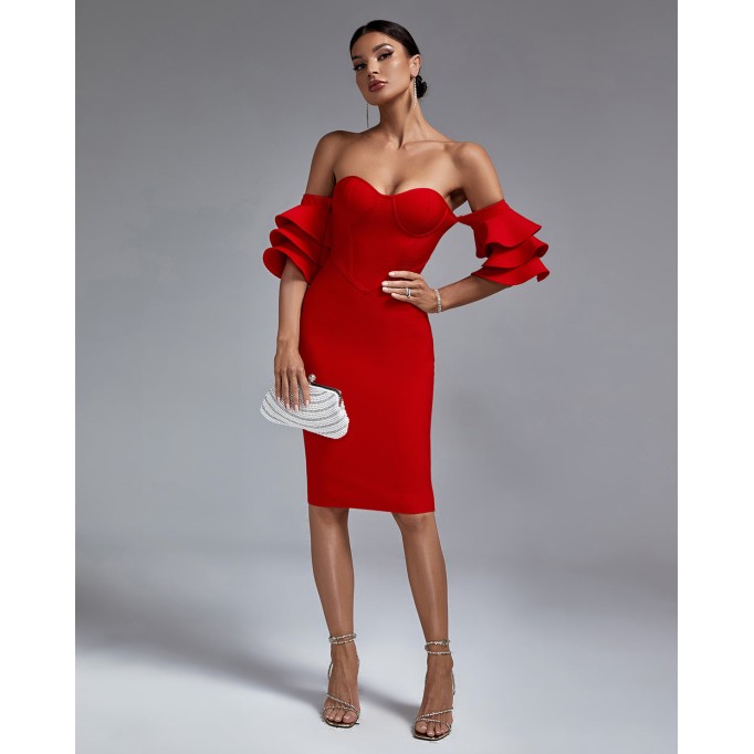 Off Shoulder Waterfall Sleeve Bandage Dress