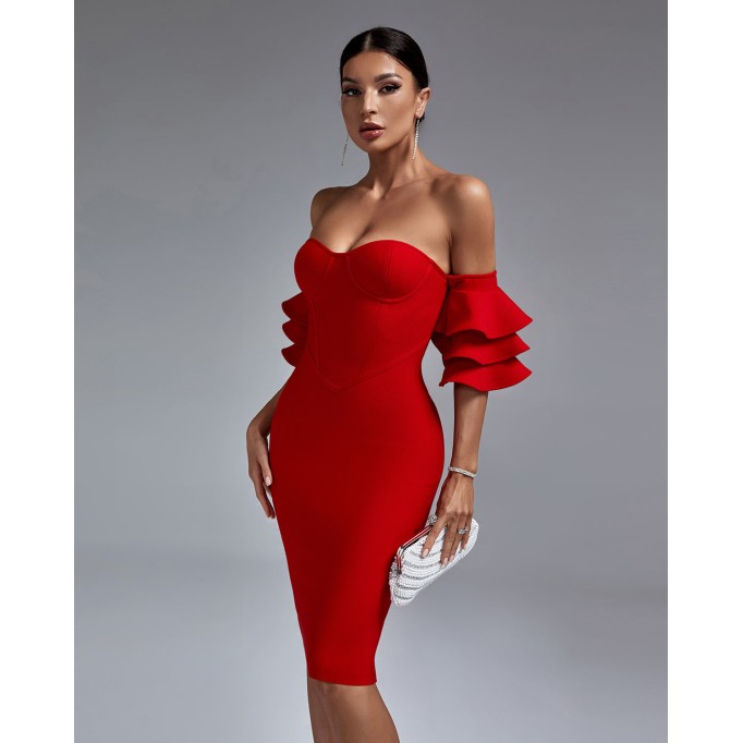 Off Shoulder Waterfall Sleeve Bandage Dress