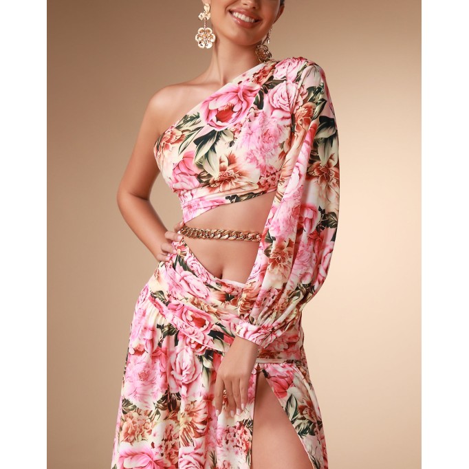 One Shoulder Chain Floral Maxi Dress