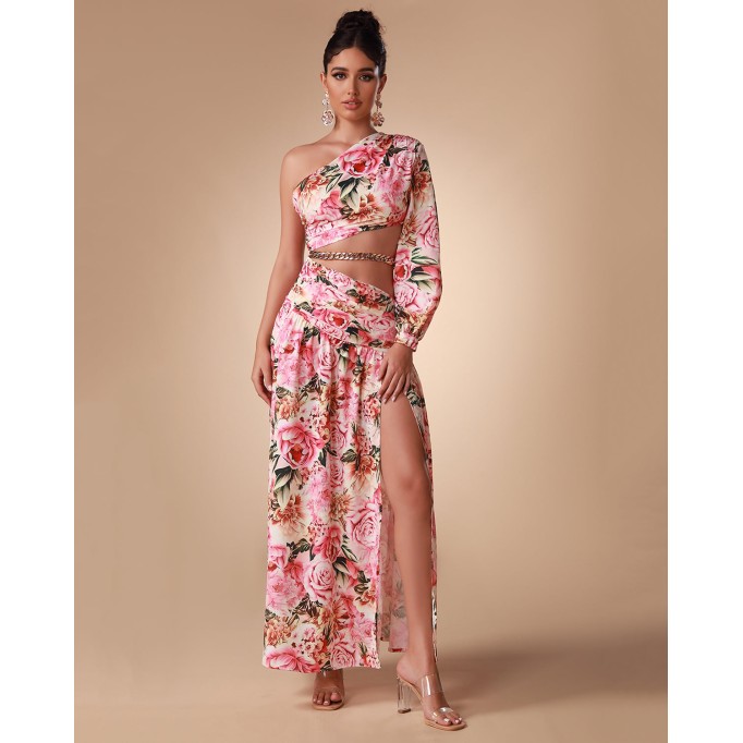 One Shoulder Chain Floral Maxi Dress