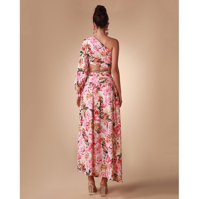 One Shoulder Chain Floral Maxi Dress