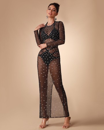 See Through Mesh Pearl Cover Up Dress