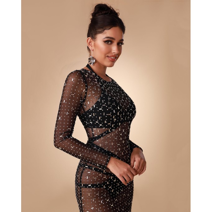 See Through Mesh Pearl Cover Up Dress