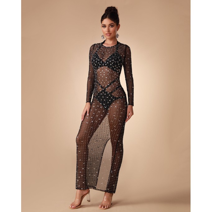 See Through Mesh Pearl Cover Up Dress