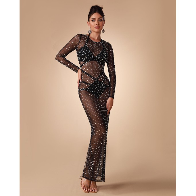 See Through Mesh Pearl Cover Up Dress