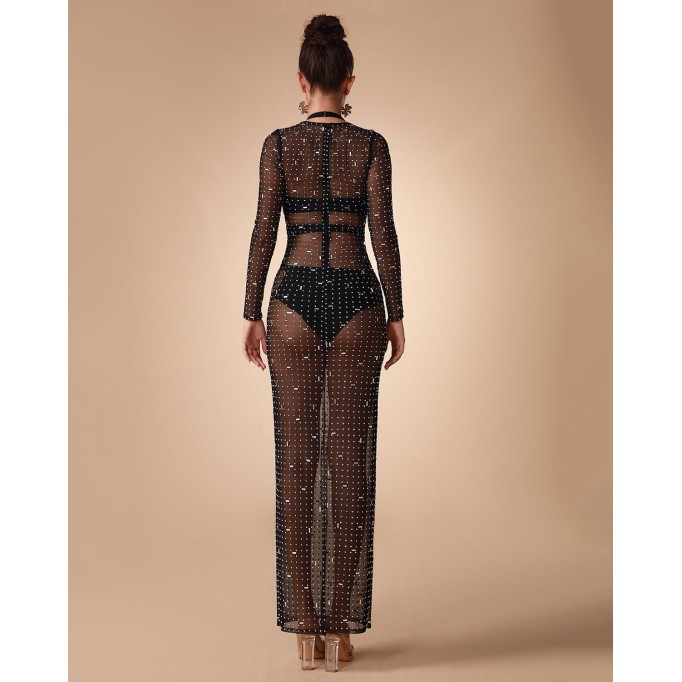 See Through Mesh Pearl Cover Up Dress