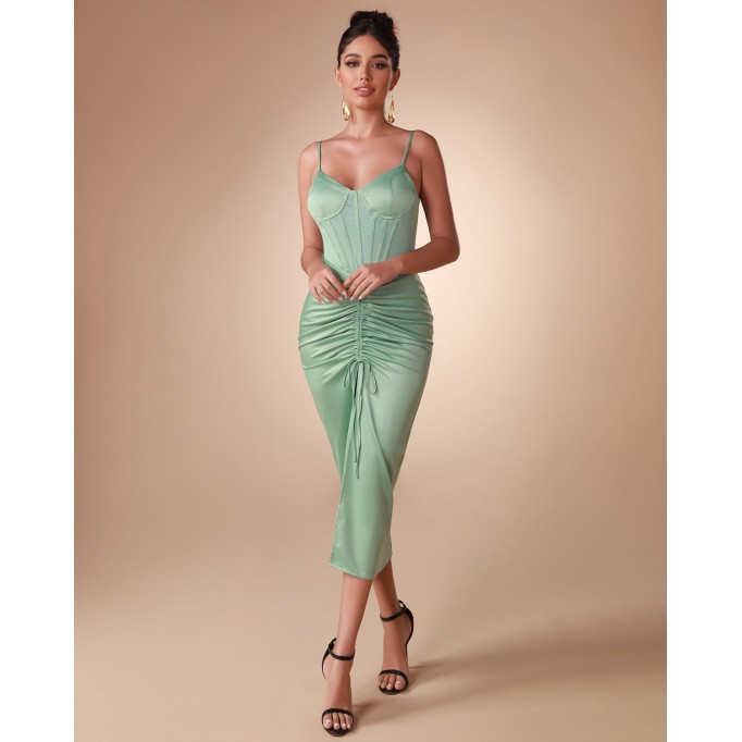 Strappy Satin Corset Ruched Midi Dress