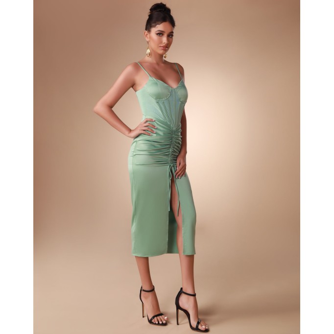 Strappy Satin Corset Ruched Midi Dress