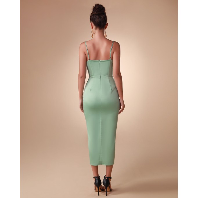 Strappy Satin Corset Ruched Midi Dress