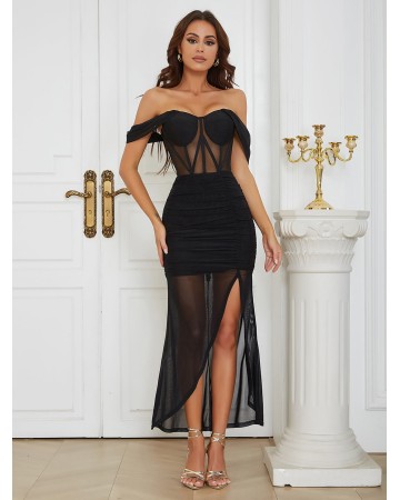 Off Shoulder Short Sleeve Tulle Maxi Bandage Dress HB00861