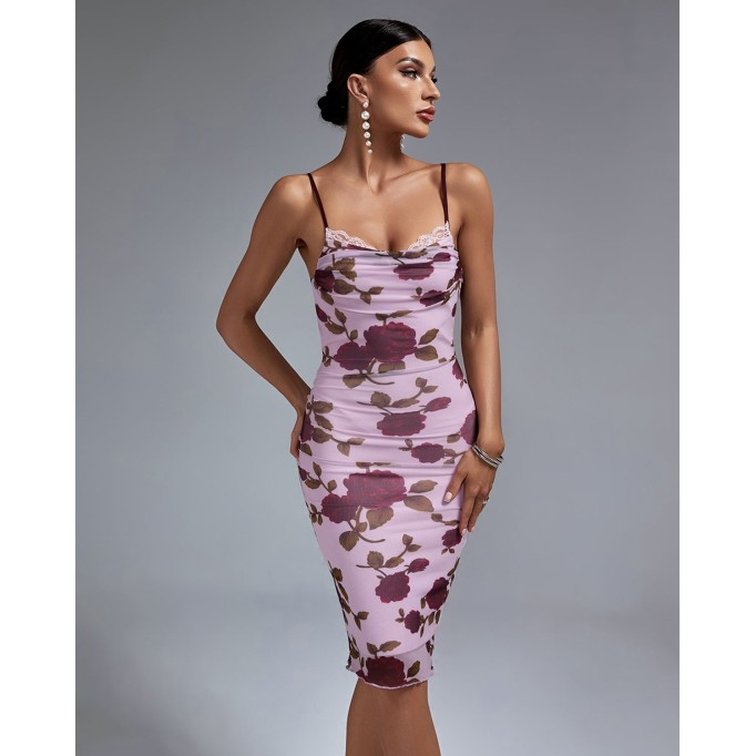 Purple Pink Floral Midi Dress