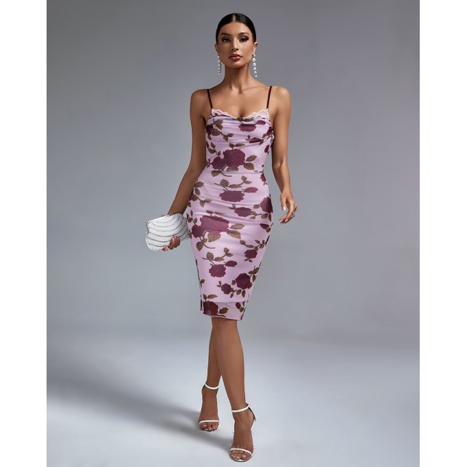 Purple Pink Floral Midi Dress