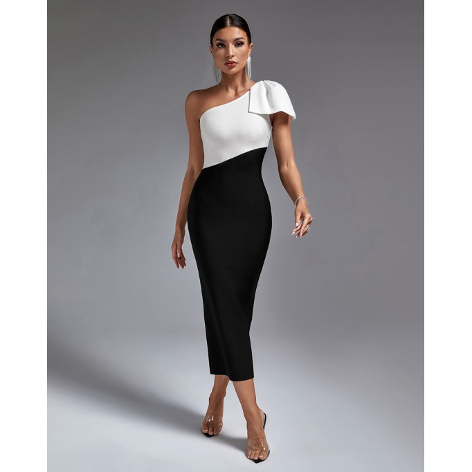 Multi Color One Shoulder Midi Bandage Dress