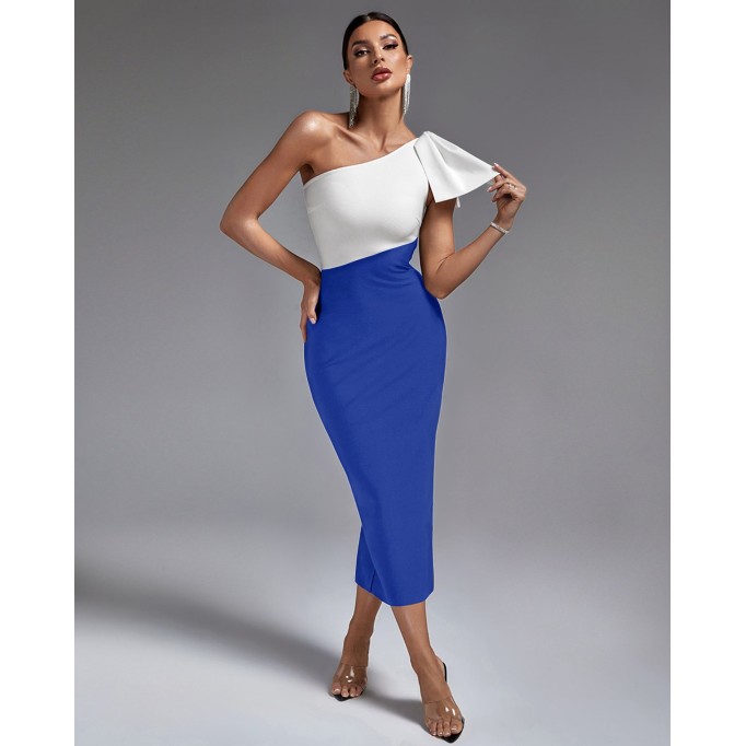 Multi Color One Shoulder Midi Bandage Dress