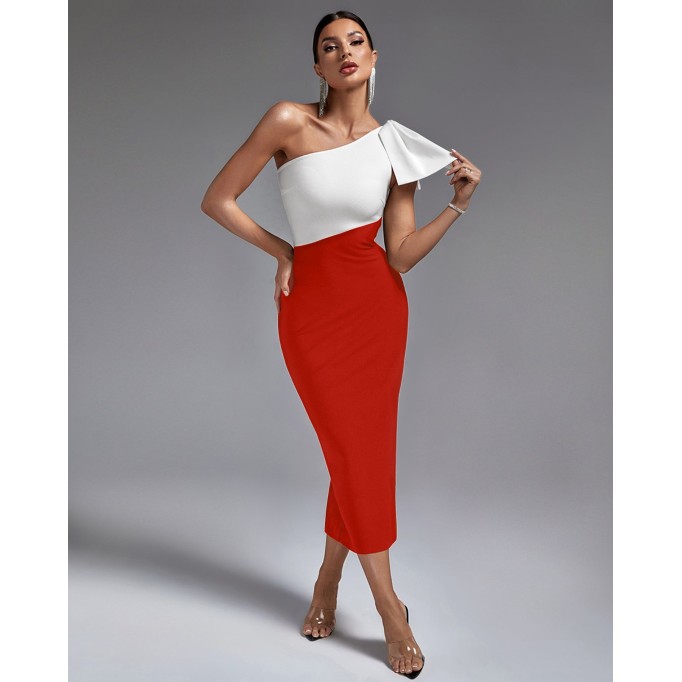 Multi Color One Shoulder Midi Bandage Dress