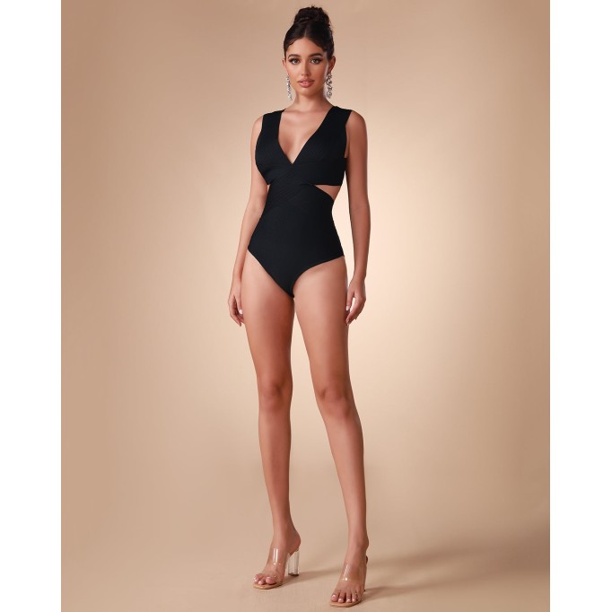 V Neck Textured Bandage Swimsuit