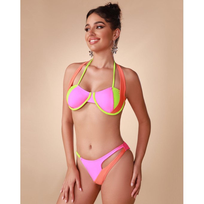 Neon Paneled Halter Bikini