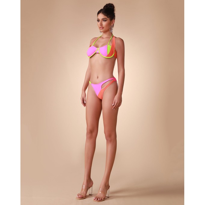 Neon Paneled Halter Bikini