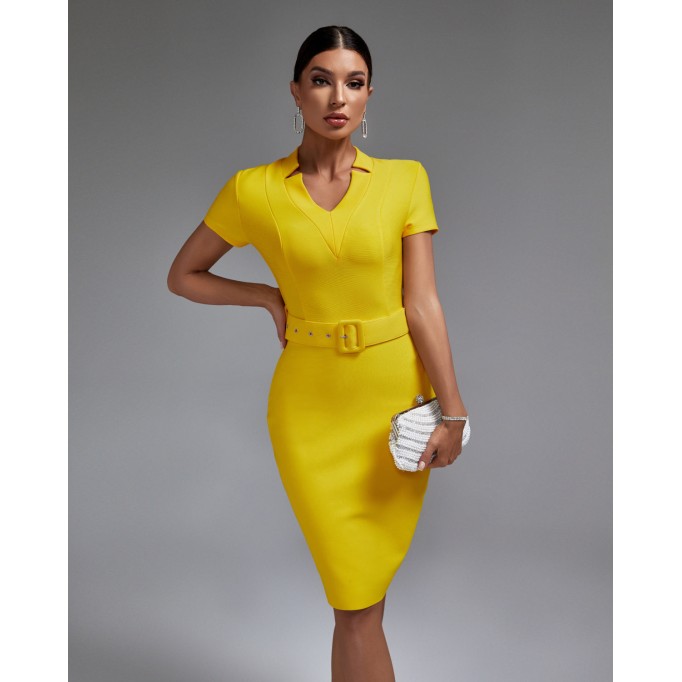 V Neck Short Sleeve With Belt Bandage Dress