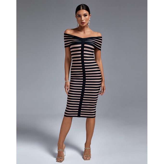 Black Stripe Off Shoulder Bandage Dress