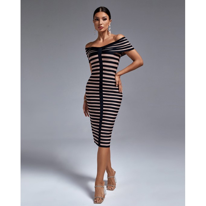 Black Stripe Off Shoulder Bandage Dress