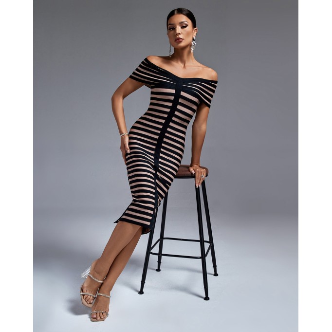 Black Stripe Off Shoulder Bandage Dress