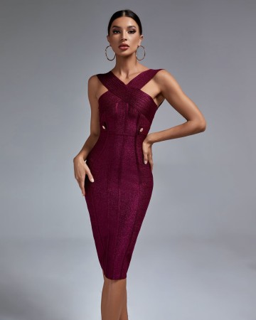 Metal Ornamental Buckle Midi Bandage Dress