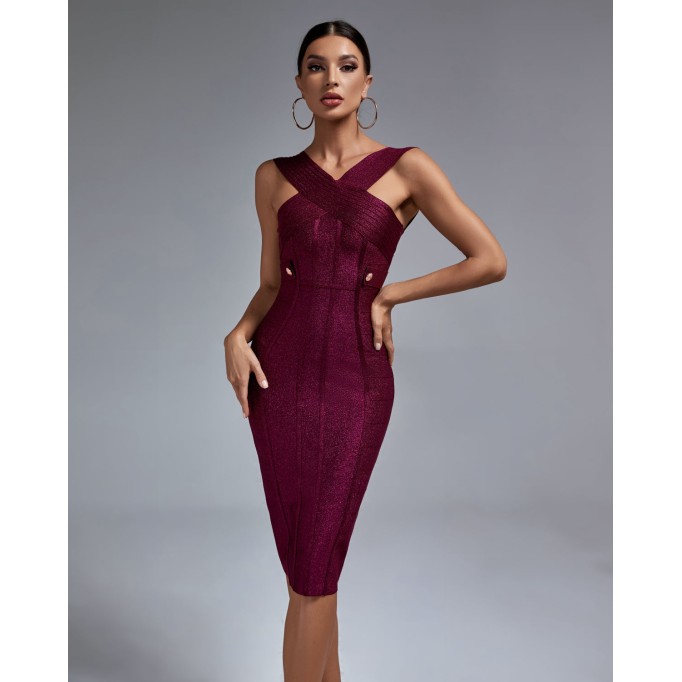 Metal Ornamental Buckle Midi Bandage Dress