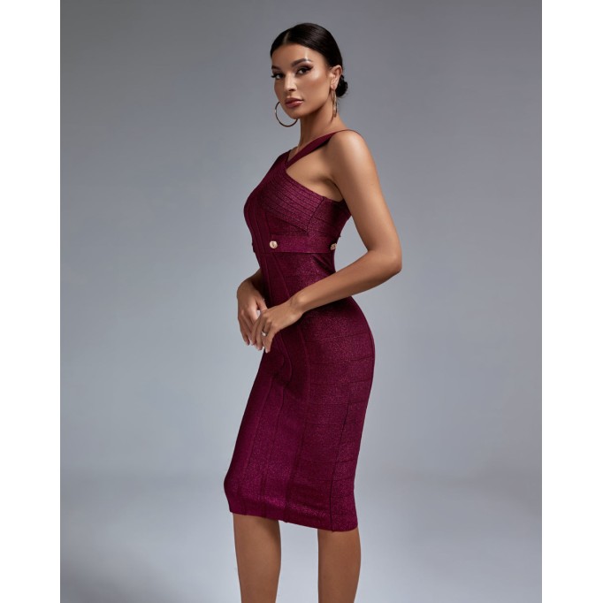 Metal Ornamental Buckle Midi Bandage Dress