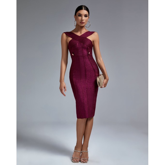 Metal Ornamental Buckle Midi Bandage Dress