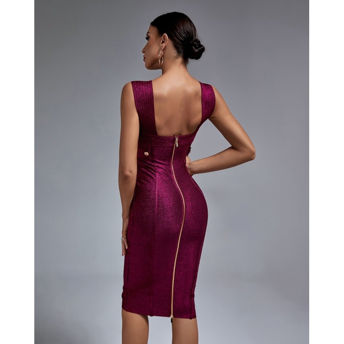 Metal Ornamental Buckle Midi Bandage Dress