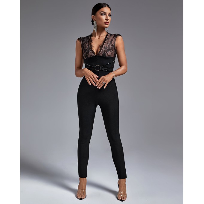 Lace V-Neck Bandage Jumpsuit