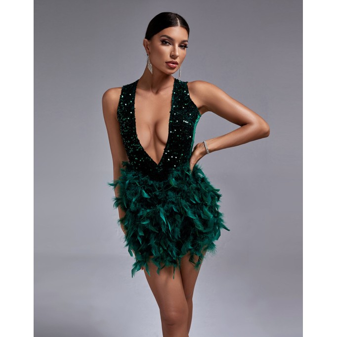 Deep-V Feather Sequin Mini Dress