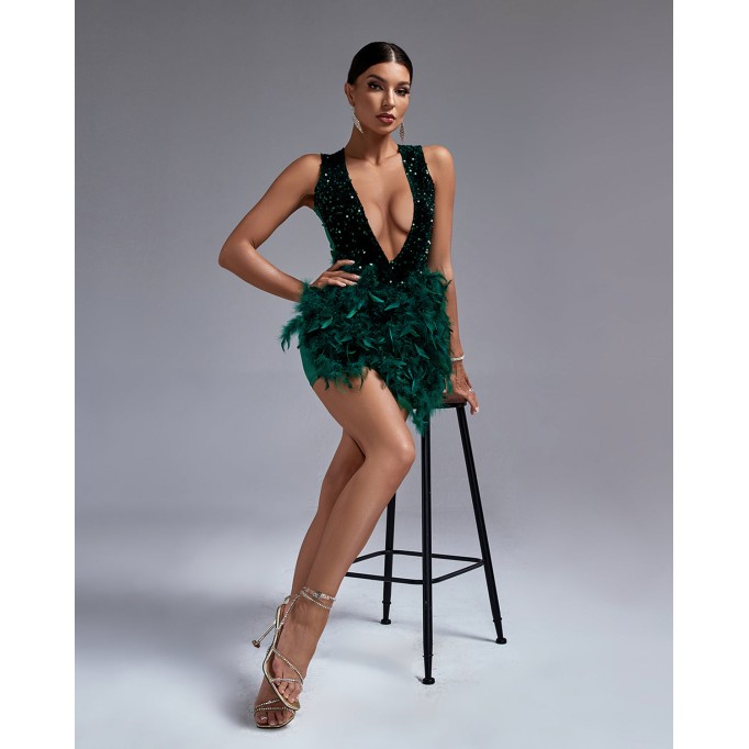 Deep-V Feather Sequin Mini Dress