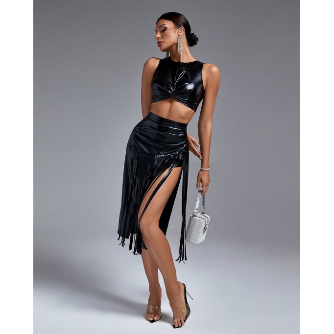 Faux Leather Fringe Two Piece Set