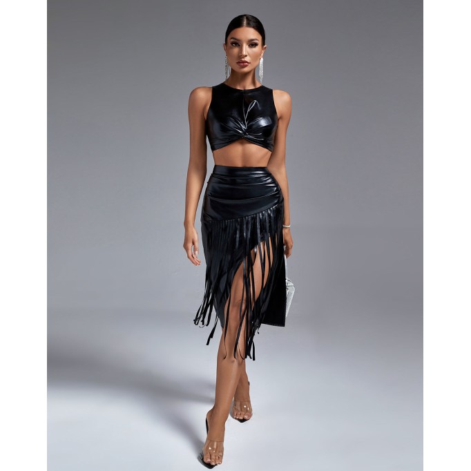 Faux Leather Fringe Two Piece Set